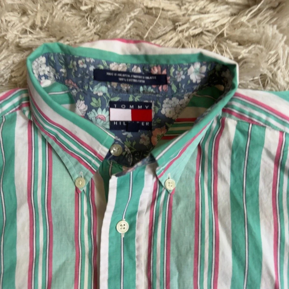 Vintage 90s Tommy Hilfiger Striped Button Down Shirt Mens L Green Pink Crest